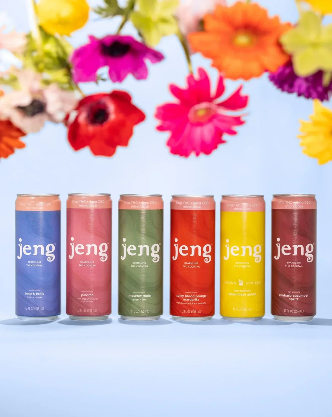 An assortment of THC-infused cocktails from Jeng, featuring sparkling, zero-proof cans with microdosed THC.