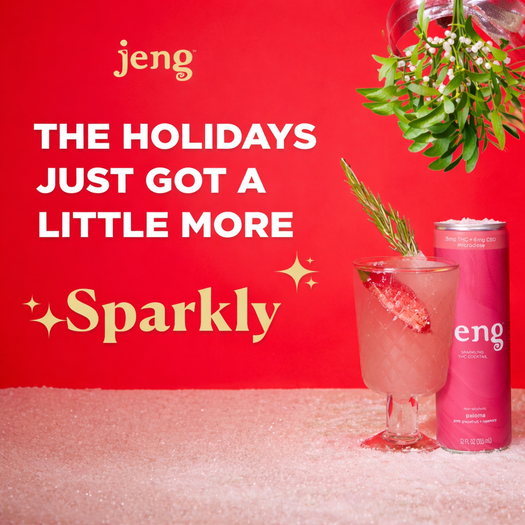 Jeng Paloma can with a holiday cocktail under mistletoe on a snowy red backdrop.