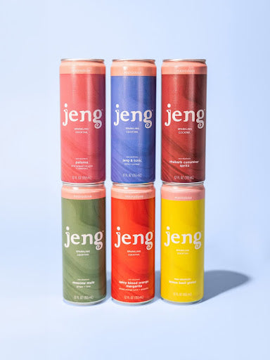 Assorted Six Jeng sparkling THC cocktail cans displayed in a colorful lineup of citrus and botanical flavors.