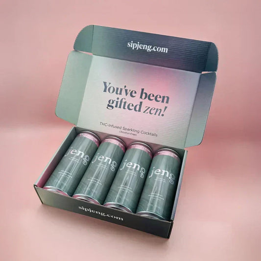 Jeng THC-infused sparkling cocktails gift box with four cans in rose gold packaging, celebrating four years of Jeng with an elegant design.