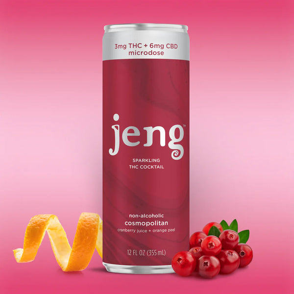 Jeng's THC-infused Rhubarb Cucumber Spritz can with strawberry rhubarb and cucumber notes.