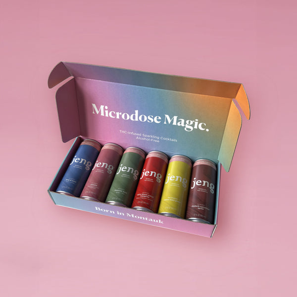 A Jeng holiday gift box containing zero-proof, hemp-infused sparkling cocktails, ready for seasonal gifting.