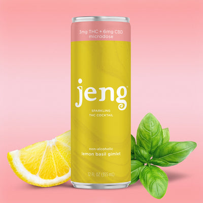 Jeng non-alcoholic lemon basil gimlet THC cocktail, featuring 3mg THC and 6mg CBD microdose.