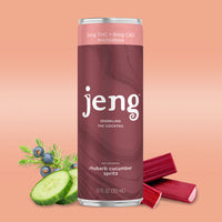 Jeng's THC-infused Rhubarb Cucumber Spritz can with strawberry rhubarb and cucumber notes.