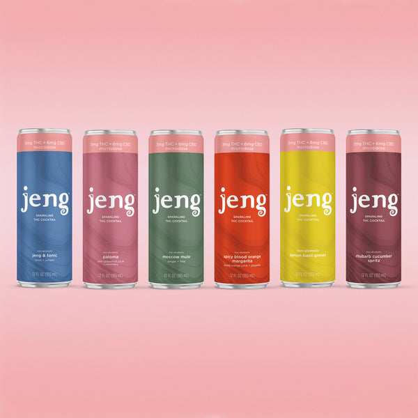 Starter Pack of Jeng THC-infused sparkling cocktails arranged in a colorful mixed-flavor set.