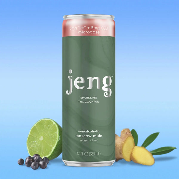 Jeng non-alcoholic lemon basil gimlet THC cocktail, featuring 3mg THC and 6mg CBD microdose.